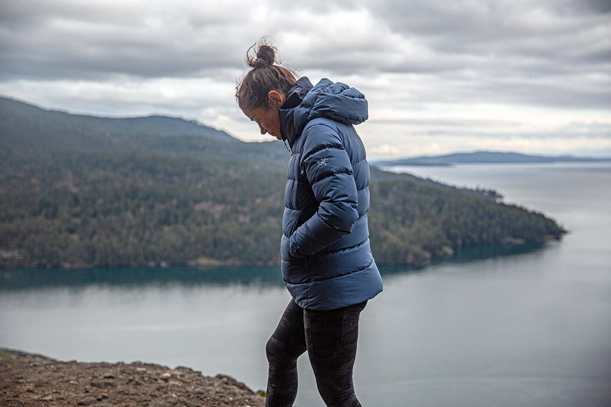 Wearing Arc'teryx Thorium down jacket on the coast